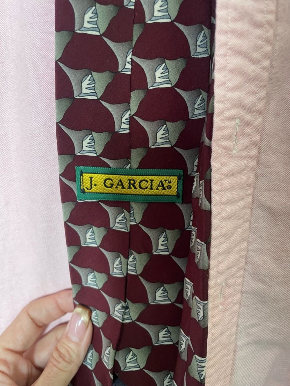 J. Garcia Burgundy and Sage Geometric Silk Tie